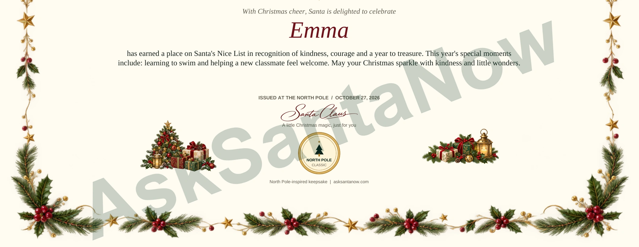 Basic Classic certificate: actual fictional Emma name, signature and seal detail, watermarked AskSantaNow