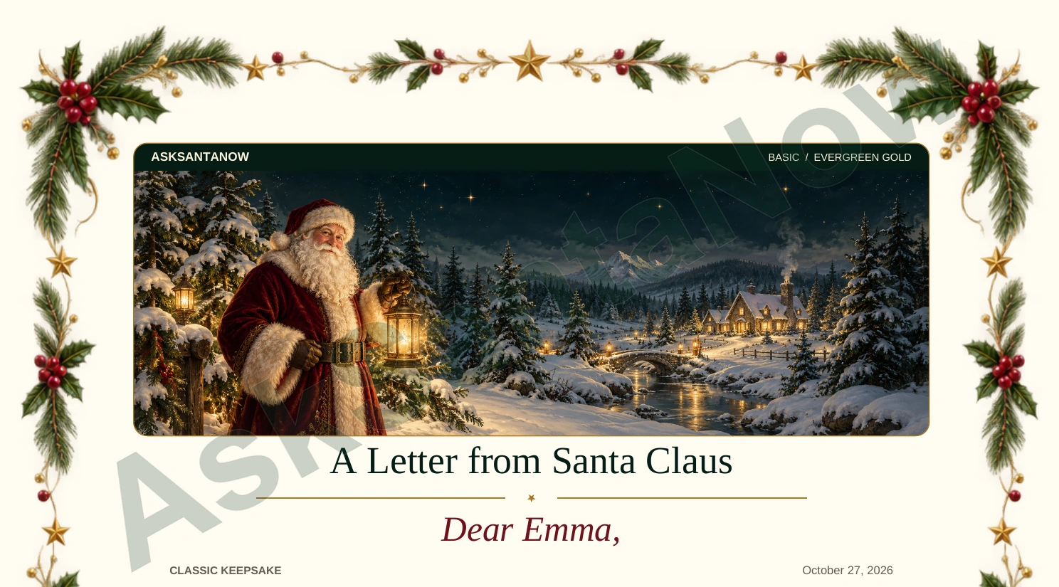 Basic Evergreen Gold: actual letter artwork detail from the fictional Emma PDF, with an AskSantaNow watermark