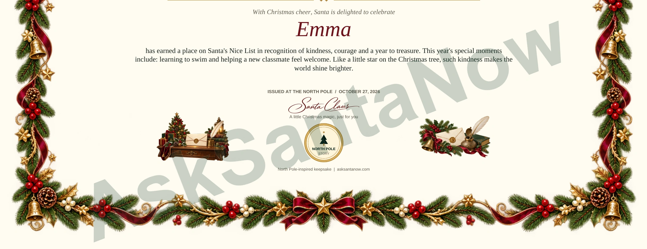 Plus Enhanced certificate: actual fictional Emma name, signature and seal detail, watermarked AskSantaNow