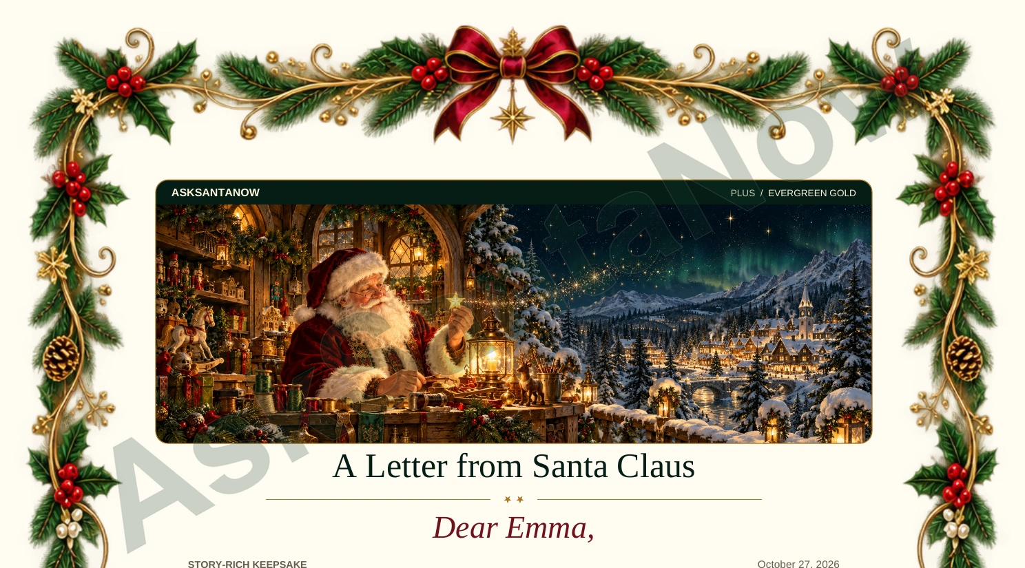 Plus Evergreen Gold: actual letter artwork detail from the fictional Emma PDF, with an AskSantaNow watermark